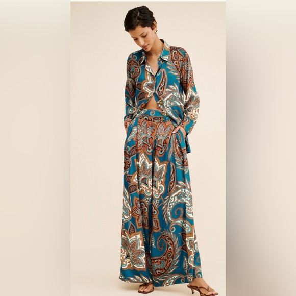 FARM Rio Teal & Brown Paisley Wide-Leg Palazzo Pants - Picture 3 of 12